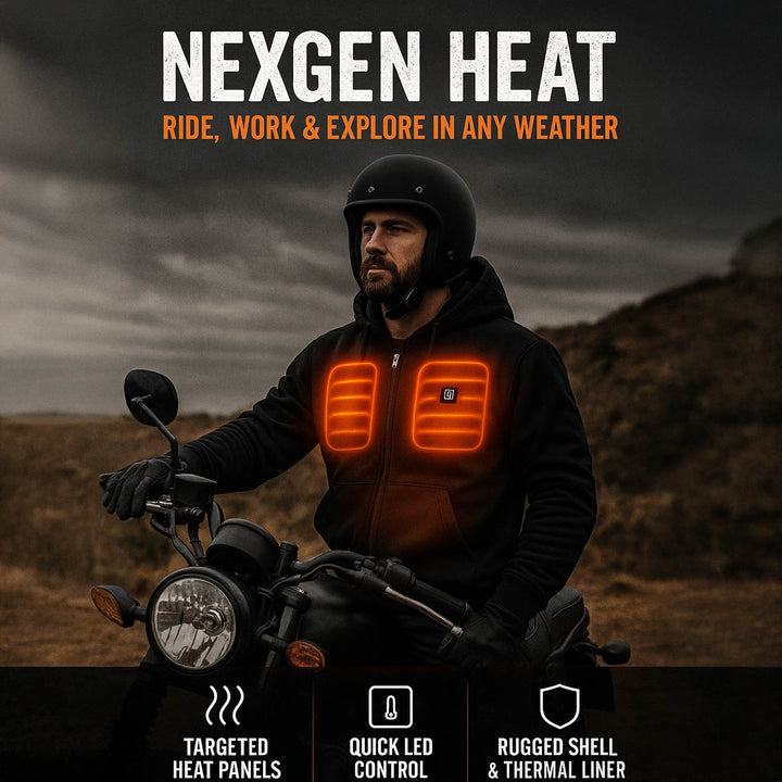 Nexgen Heat Men’s Black Heated Hoodie Jacket – Winter Motorcycle Riding Gear for Cold Outdoors MPM1713SET