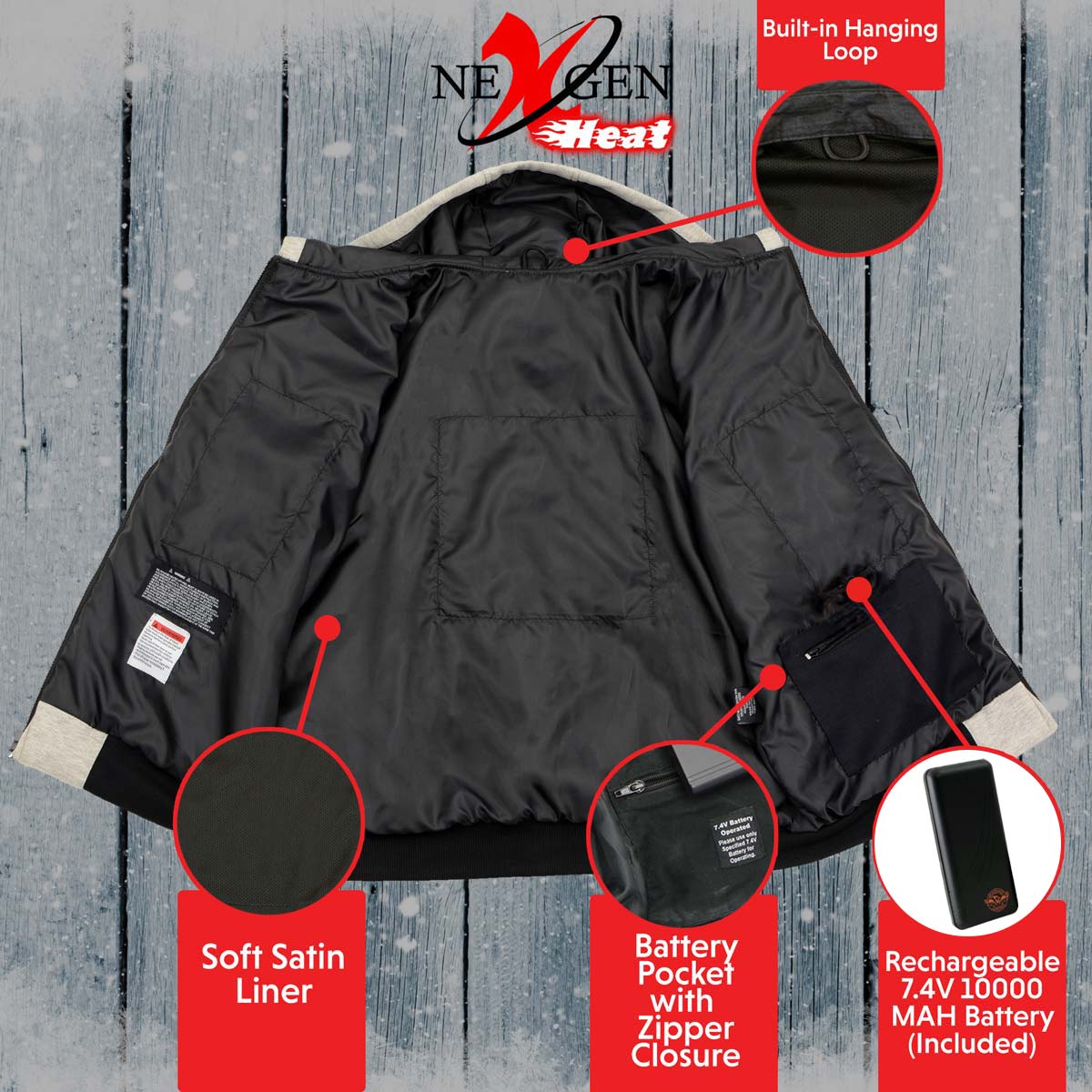 Nexgen Heat Men’s Silver Heated Hoodie Jacket – Winter Motorcycle Riding Gear for Cold Outdoors MPM1714SET