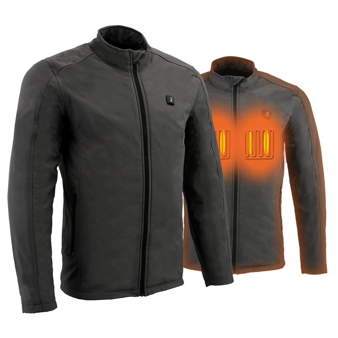 Nexgen Heat MPM1762SET Men’s Grey Soft Shell Heated Jacket - Standup Collar - for Winter Cold Weather Riding Outdoors