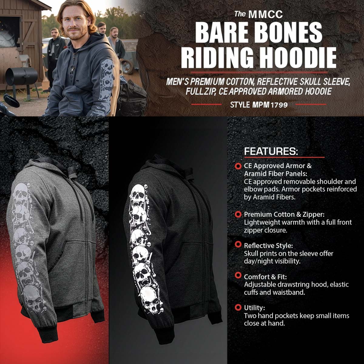 Milwaukee Leather Men's Bare Bones Charcoal Reflective CE Armored Riding Hoodie, Shoulder-Elbow Armor - MPM1798