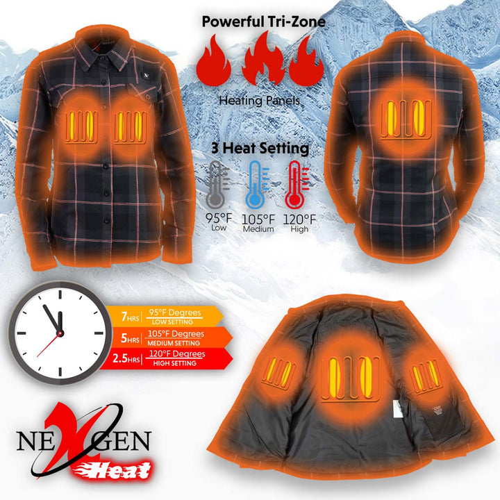 NexGen Heat Women’s NXL2602SET Bonnie Black/Grey Heated Flannel Sleeve Shirt for Outdoor Activities