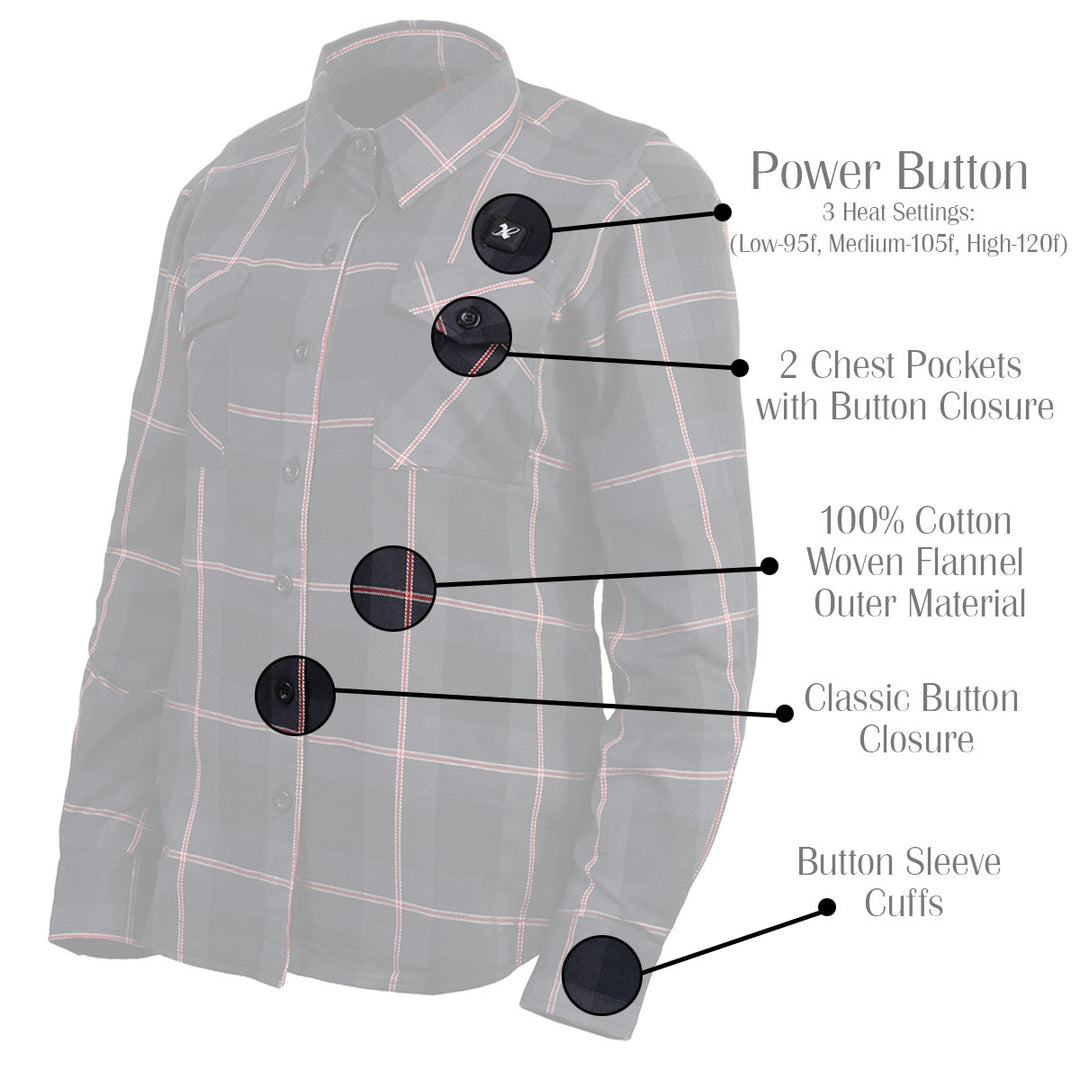NexGen Heat Women’s NXL2602SET Bonnie Black/Grey Heated Flannel Sleeve Shirt for Outdoor Activities