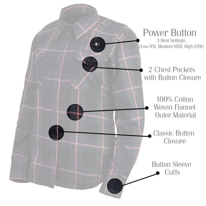 NexGen Heat Women’s NXL2602SET Bonnie Black/Grey Heated Flannel Sleeve Shirt for Outdoor Activities