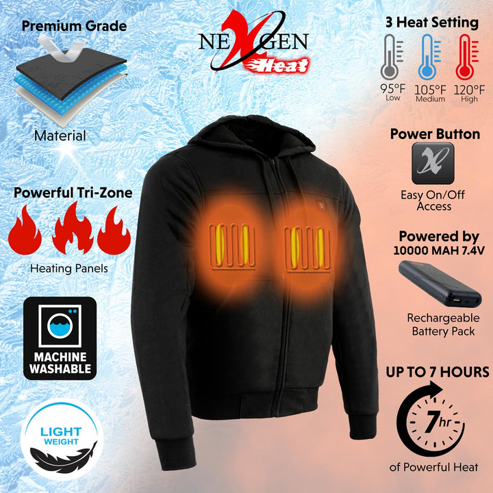 Nexgen Heat Men’s Heated Sweatshirt Hoodie – Black Cold-Weather Gear for Riding &amp; Outdoor NXM1713SET