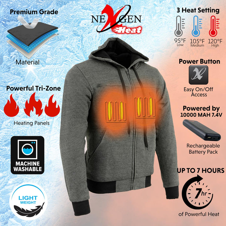 Nexgen Heat Men’s Heated Sweatshirt Hoodie – Grey Cold-Weather Gear for Riding &amp; Outdoor NXM1713SET