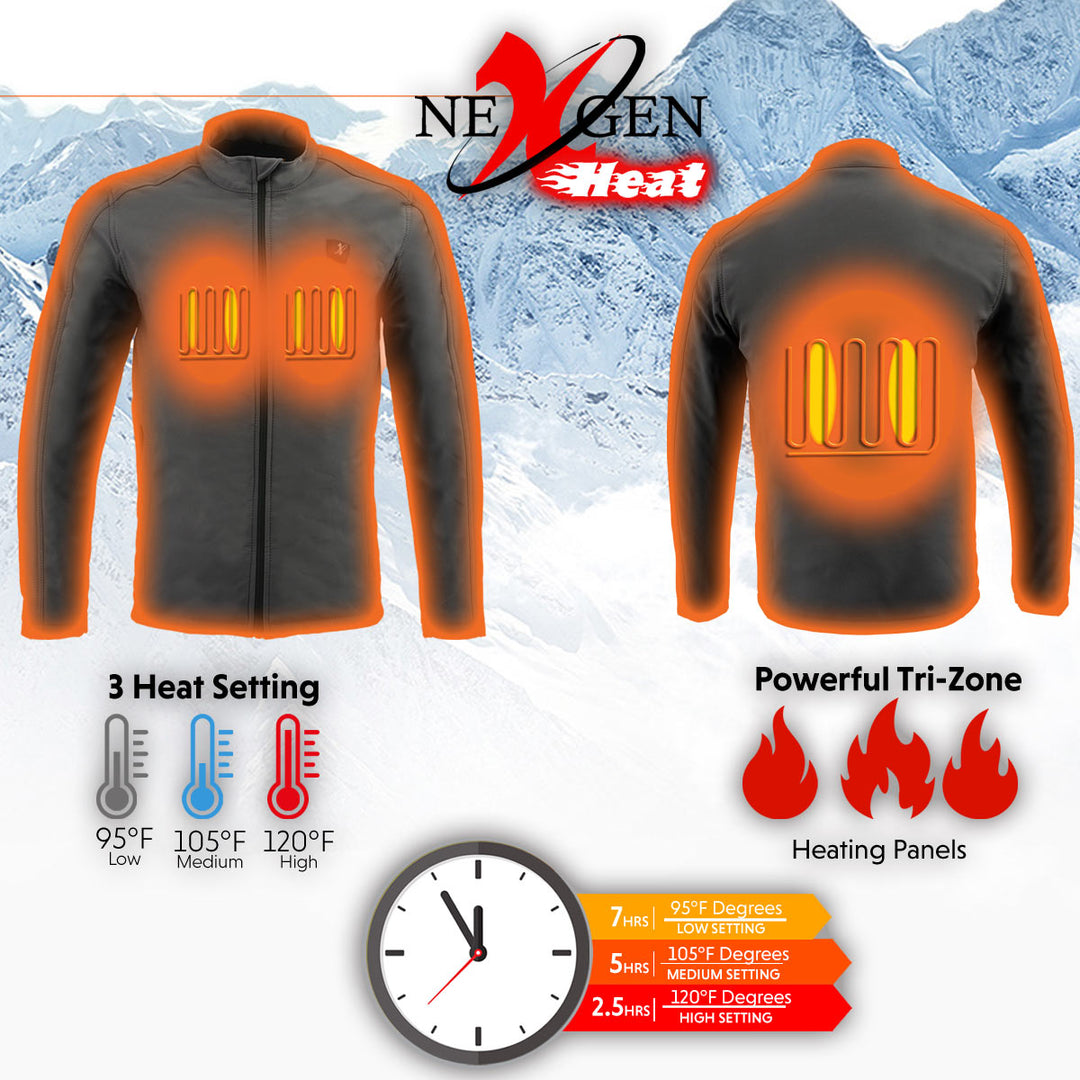 Nexgen Heat NXM1762SET Men’s Grey Soft Shell Heated Jacket w/ Standup Collar - for Outdoor Winter Cold Weather Activities