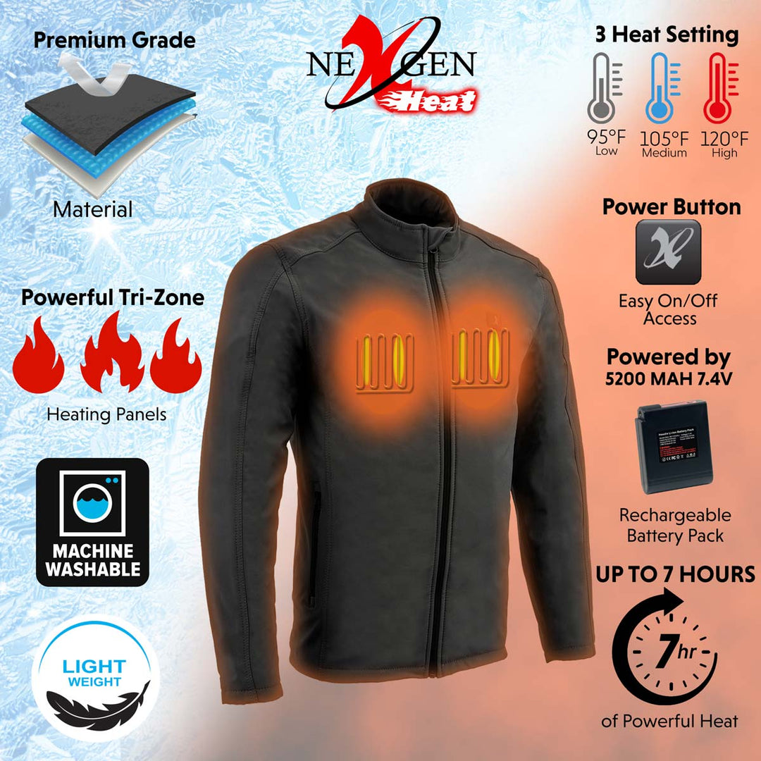 Nexgen Heat MPM1762SET Men’s Grey Soft Shell Heated Jacket - Standup Collar - for Winter Cold Weather Riding Outdoors