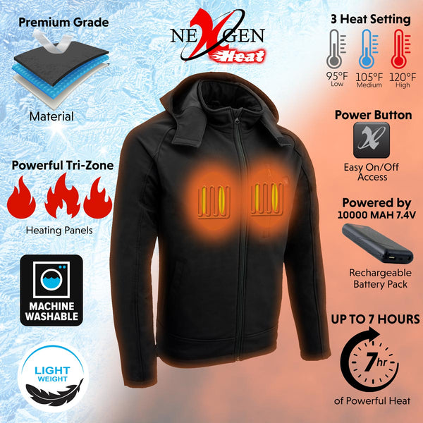 Nexgen Heat MPM1767SET Men's Black 'Heated' Soft Shell Hooded Zipper Front Jacket (Rechargeable Battery Pack Included)