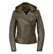 Milwaukee Leather SFL2815 Womens Olive Motorcycle Style Leather Jacket with Hoodie and Asymmetrical Zipper