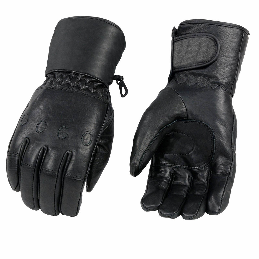 Milwaukee Leather Men's Black Gauntlet Motorcycle Gloves-Black Soft Leather Waterproof Cinch Wrist Closure-SH293
