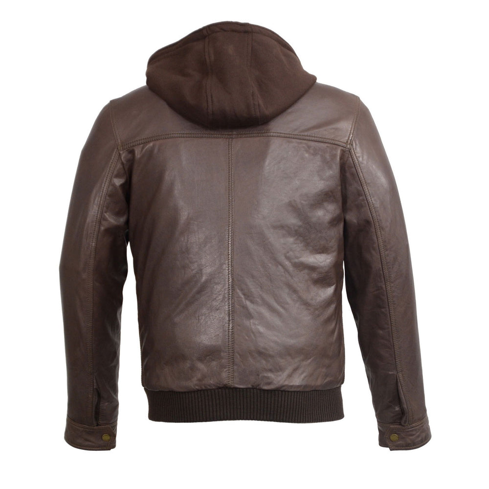 Wilsons Leather SH3353 Men's Brown Leather Zipper Front Bomber Jacket with Zip Off Hoodie