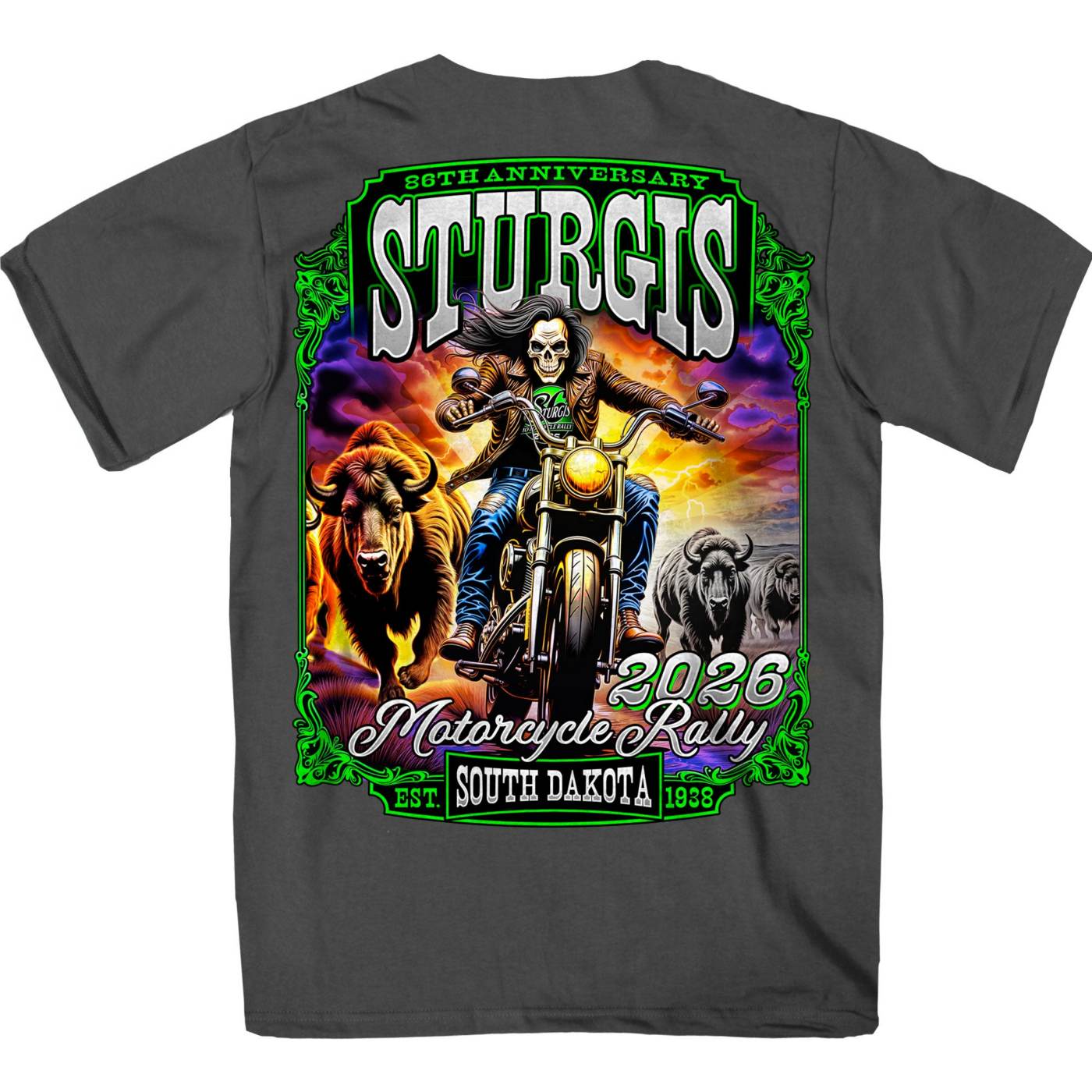 2026 Sturgis Motorcycle Rally Skull Chaser Numone Men's Charcoal T-Shirt-SPB1231