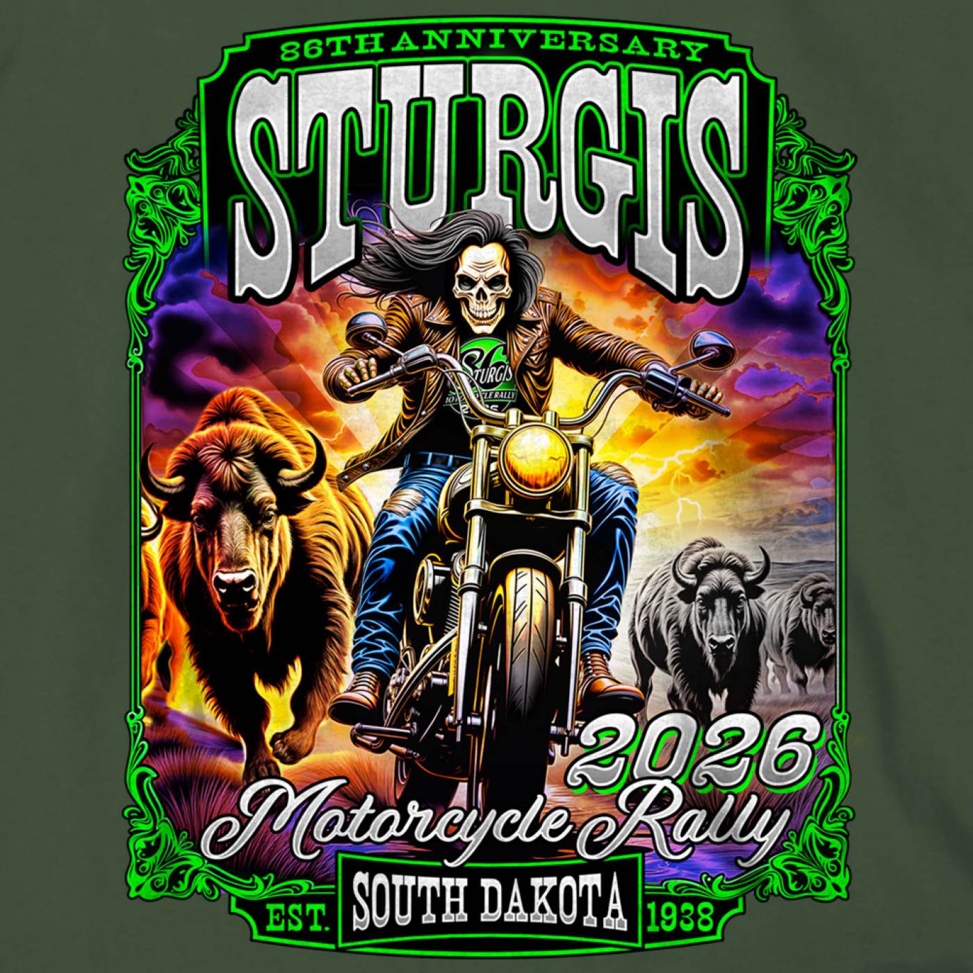 2026 Sturgis Motorcycle Rally Skull Chaser Numone Men's Military Green T-Shirt - SPB1232