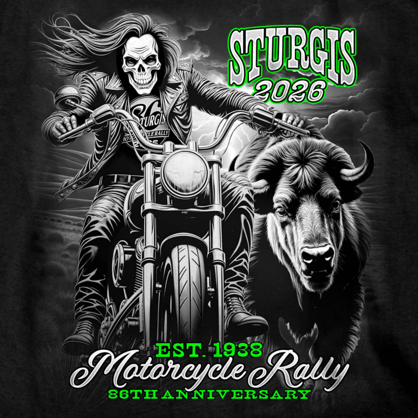 2026 Men's Sturgis Motorcycle Rally Skull Chaser #1 Black Long Sleeve Shirt - SPB2134