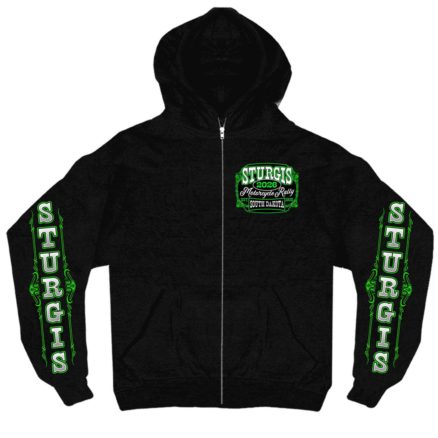 2026 Men's Sturgis Motorcycle Rally Skull Chaser #1 Black Zip-Up Hoodie - SPB4116