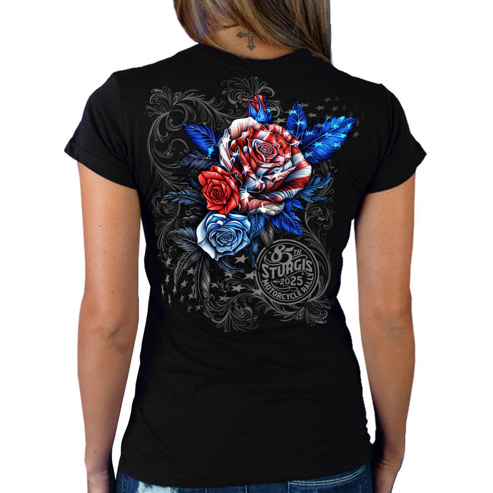 2025 Sturgis Women's Motorcycle Rally Patriotic Roses Black Ladies T-Shirt