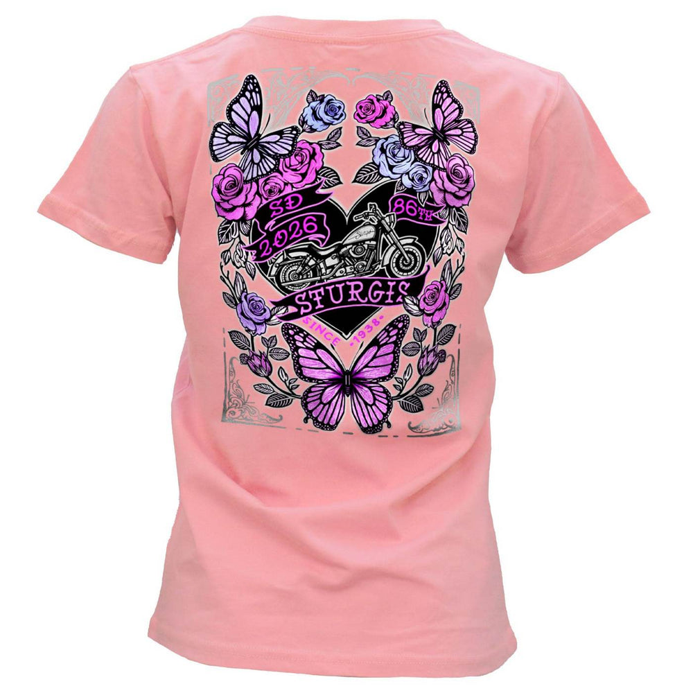 2026 Ladies Sturgis Motorcycle Rally Butterflies and Roses Pink Short Sleeve V-Neck T-Shirt - SPL1935