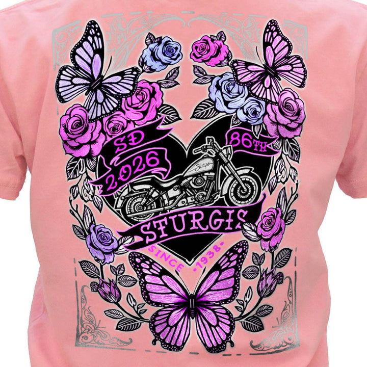 2026 Ladies Sturgis Motorcycle Rally Butterflies and Roses Pink Short Sleeve V-Neck T-Shirt - SPL1935
