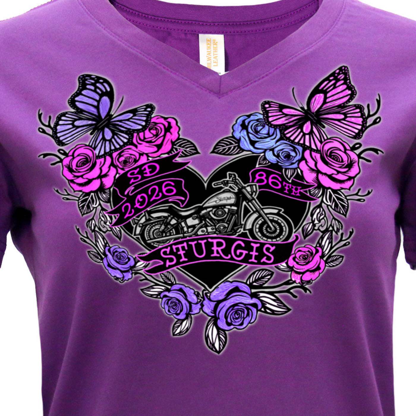 2026 Ladies Sturgis Motorcycle Rally Butterflies and Roses Purple Short Sleeve V-Neck T-Shirt - SPL1936