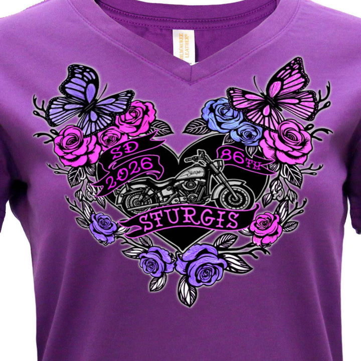 2026 Ladies Sturgis Motorcycle Rally Butterflies and Roses Purple Short Sleeve V-Neck T-Shirt - SPL1936
