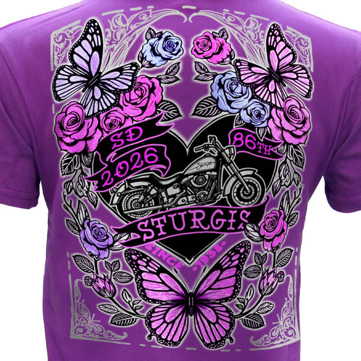 2026 Ladies Sturgis Motorcycle Rally Butterflies and Roses Purple Short Sleeve V-Neck T-Shirt - SPL1936