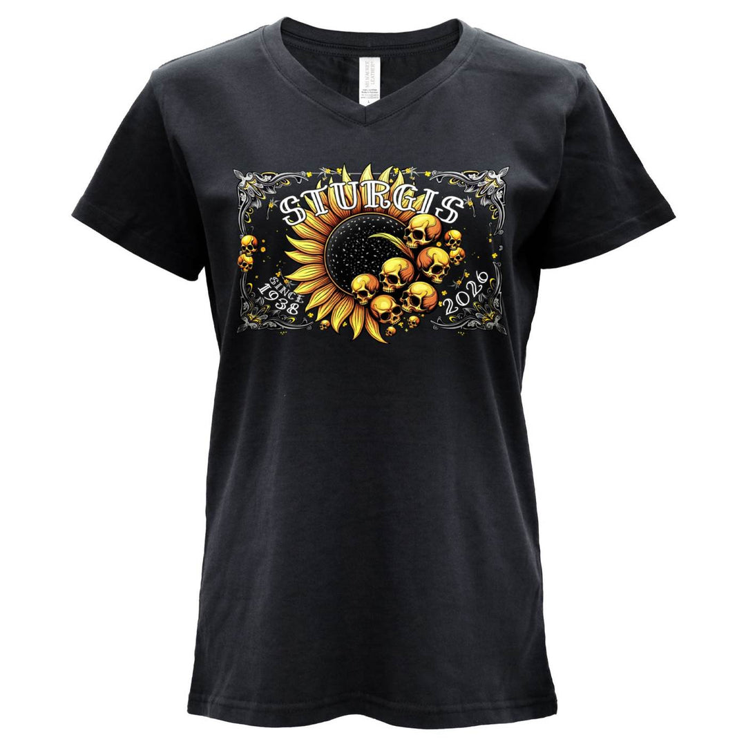 2026 Ladies Sturgis Motorcycle Rally Cosmic Flowers Black Short Sleeve V-Neck T-Shirt - SPL1937