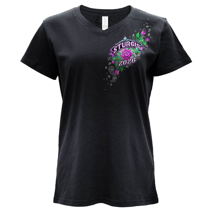 2026 Ladies Sturgis Motorcycle Rally Cross de Lis Black Short Sleeve V-Neck T-Shirt - SPL1939