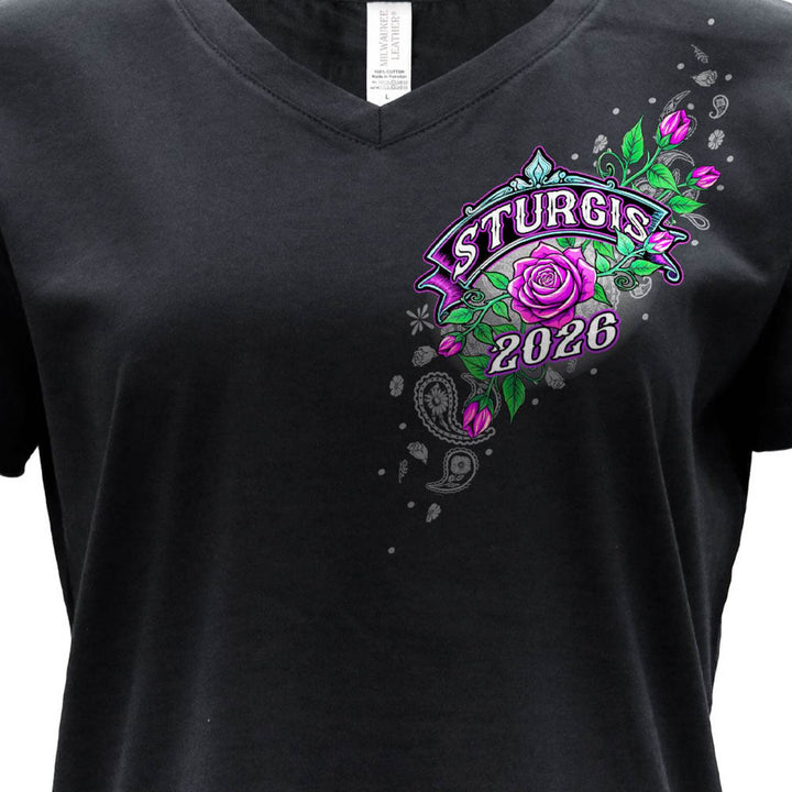 2026 Ladies Sturgis Motorcycle Rally Cross de Lis Black Short Sleeve V-Neck T-Shirt - SPL1939