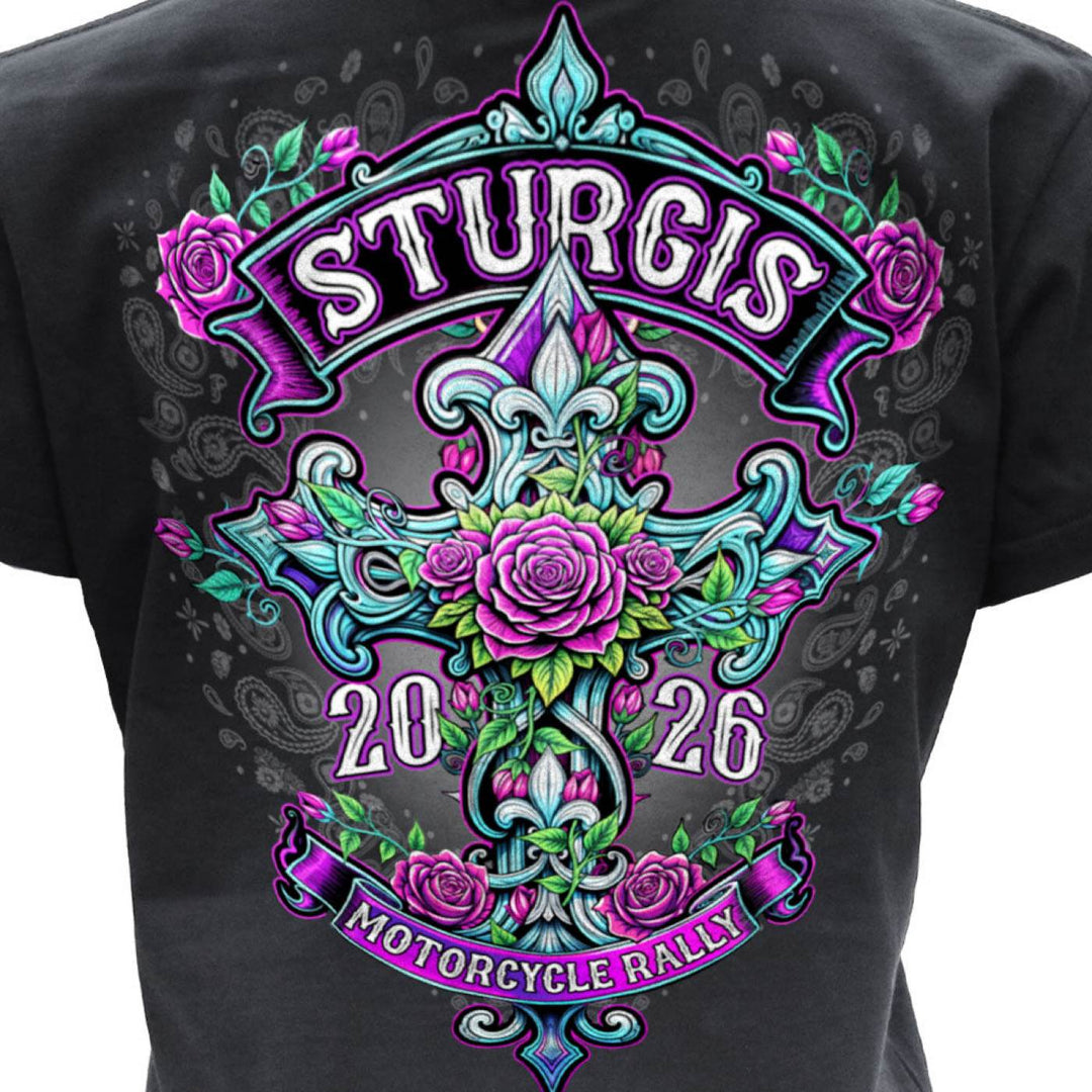 2026 Ladies Sturgis Motorcycle Rally Cross de Lis Black Short Sleeve V-Neck T-Shirt - SPL1939