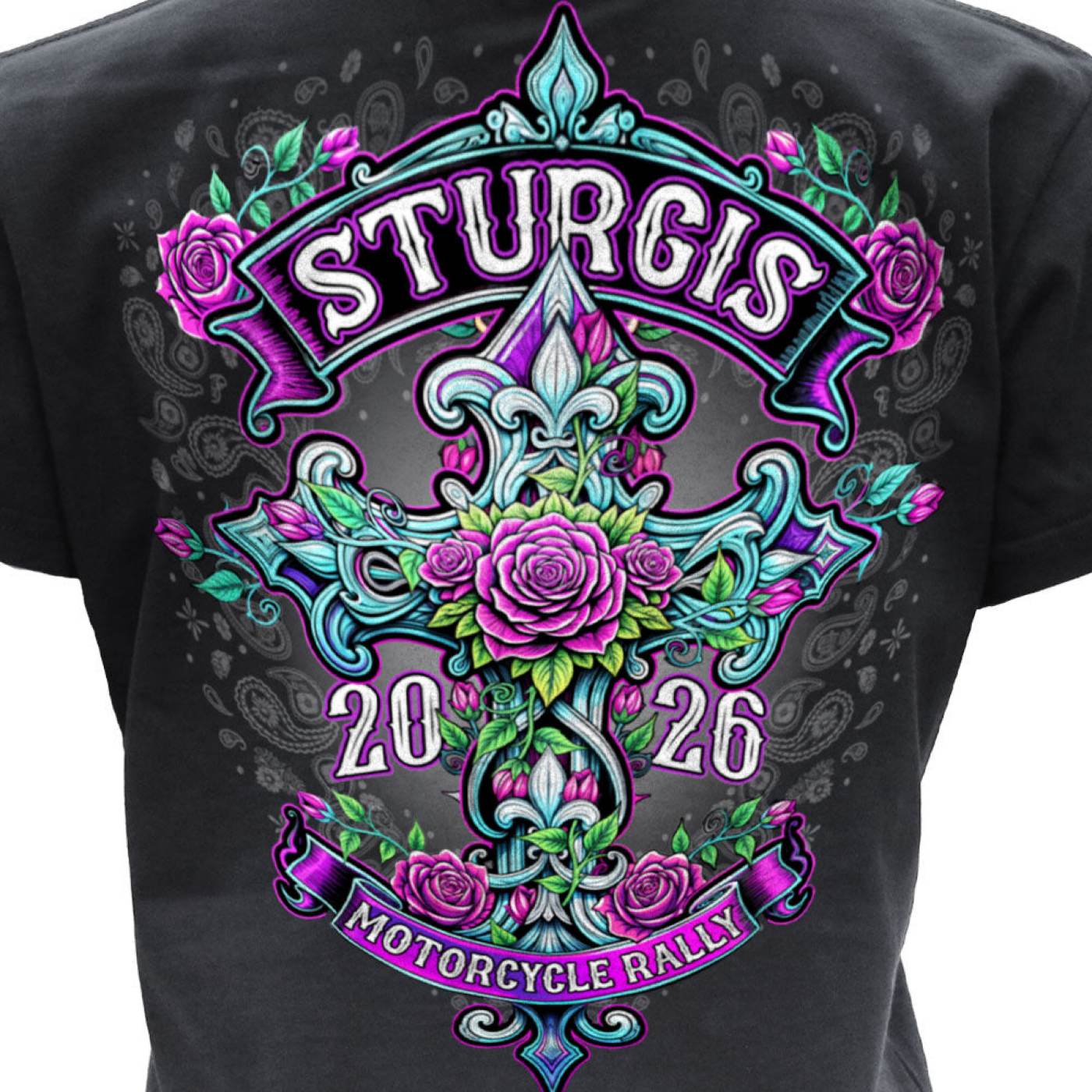 2026 Ladies Sturgis Motorcycle Rally Cross de Lis Black Short Sleeve V-Neck T-Shirt - SPL1939