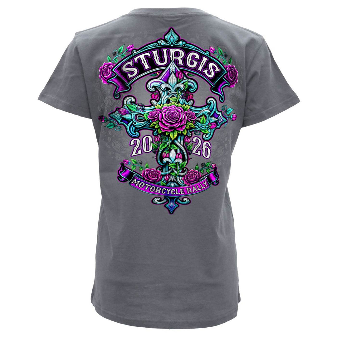 2026 Ladies Sturgis Motorcycle Rally Cross de Lis Gray Short Sleeve V-Neck T-Shirt - SPL1940