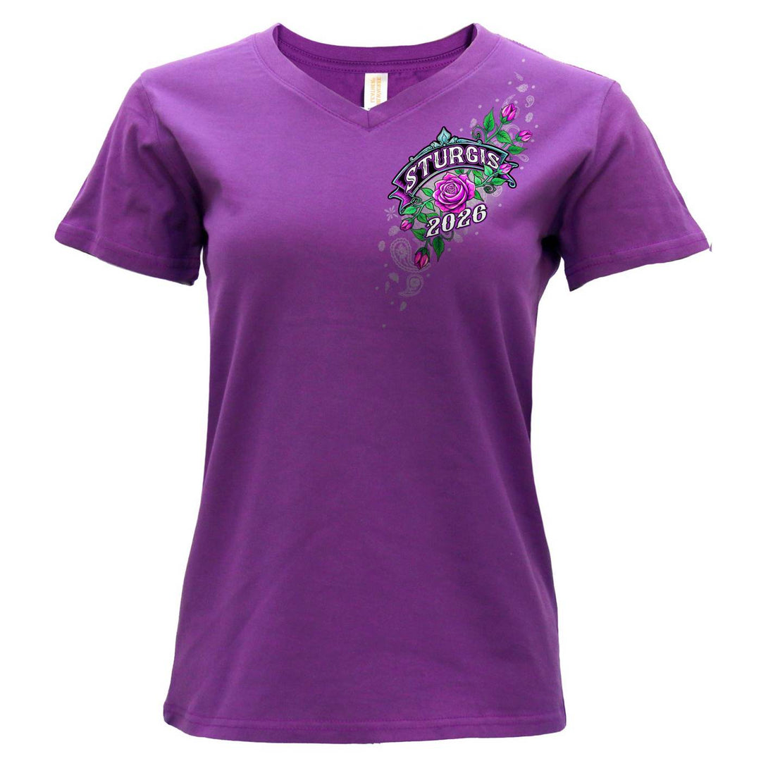 2026 Ladies Sturgis Motorcycle Rally Cross de Lis Purple Short Sleeve V-Neck T-Shirt - SPL1941