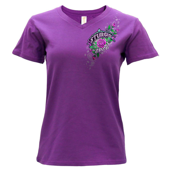 2026 Ladies Sturgis Motorcycle Rally Cross de Lis Purple Short Sleeve V-Neck T-Shirt - SPL1941