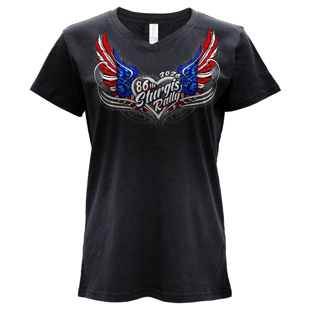 2026 Ladies Sturgis Motorcycle Rally Flag Heart Wings Black Short Sleeve V-Neck T-Shirt - SPL1943