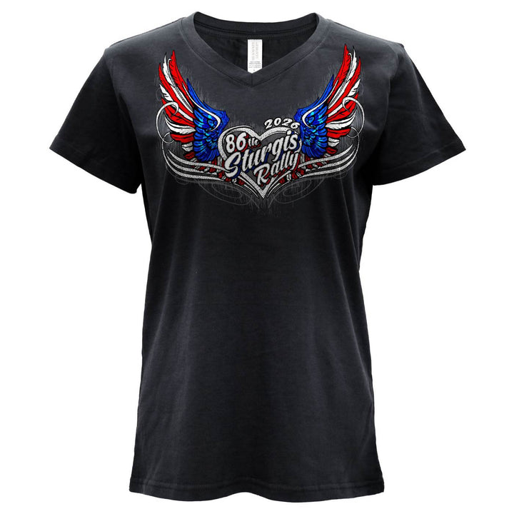 2026 Ladies Sturgis Motorcycle Rally Flag Heart Wings Black Short Sleeve V-Neck T-Shirt - SPL1943