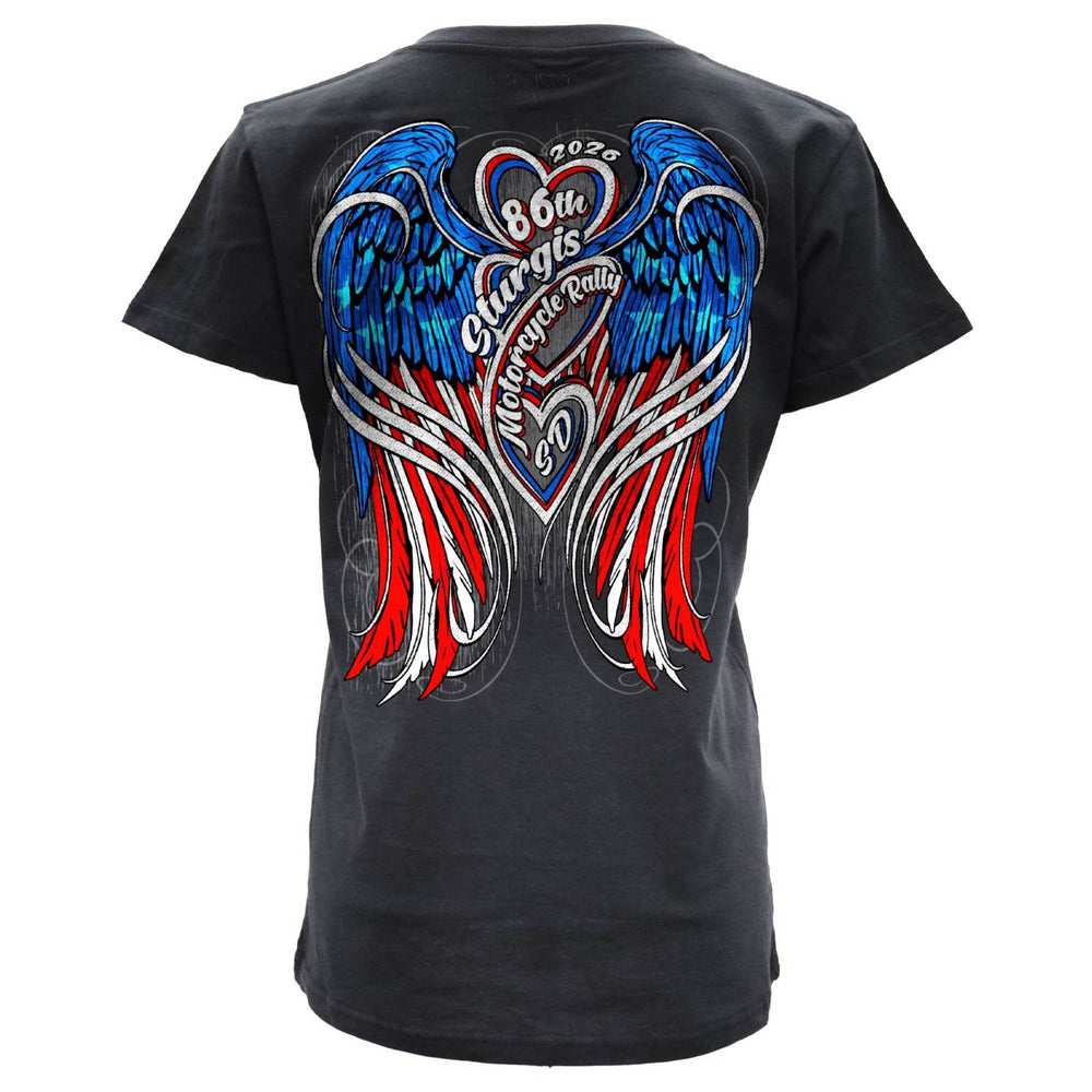 2026 Ladies Sturgis Motorcycle Rally Flag Heart Wings Black Short Sleeve V-Neck T-Shirt - SPL1943