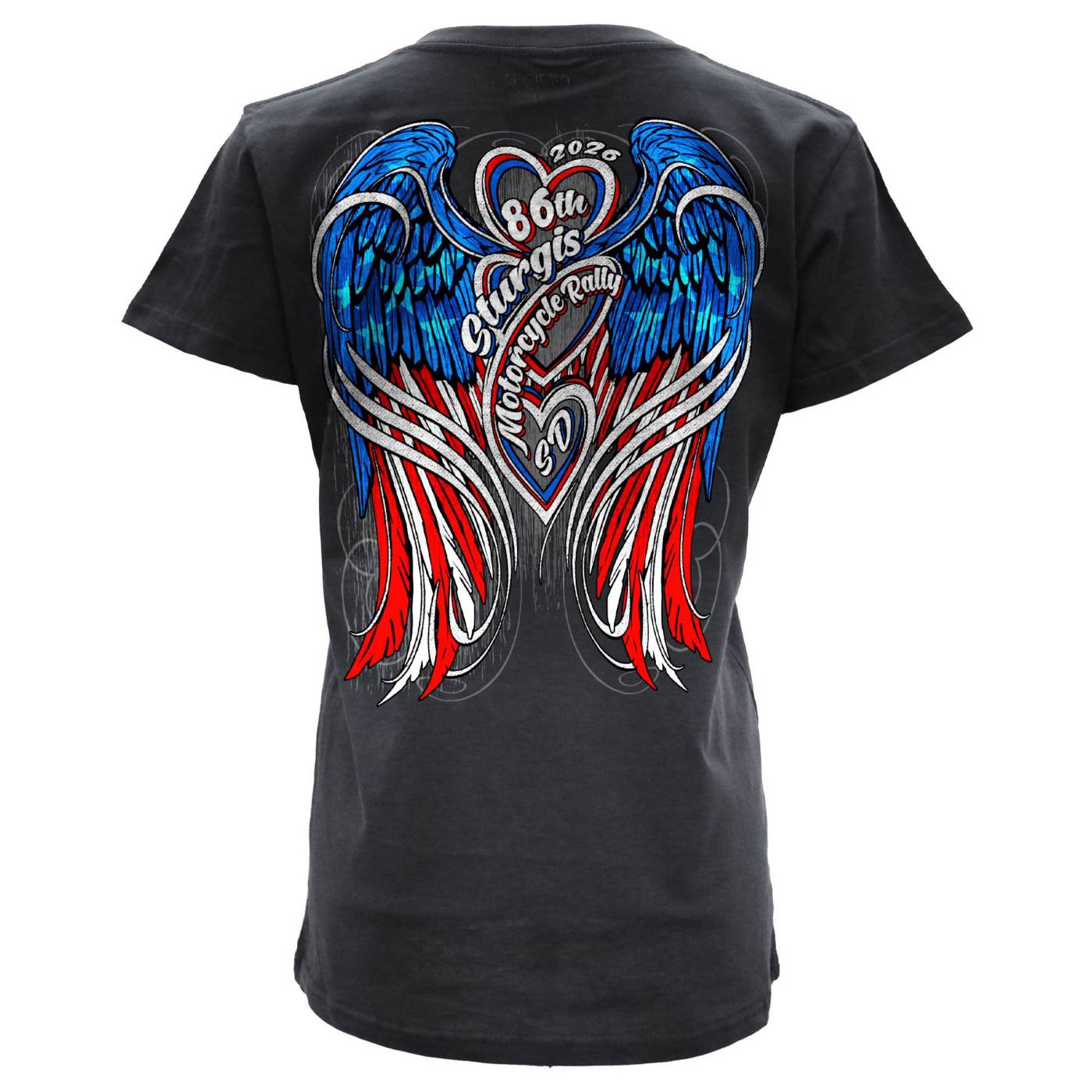 2026 Ladies Sturgis Motorcycle Rally Flag Heart Wings Black Short Sleeve V-Neck T-Shirt - SPL1943