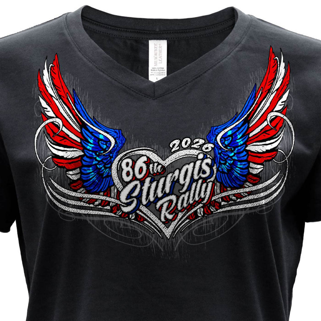 2026 Ladies Sturgis Motorcycle Rally Flag Heart Wings Black Short Sleeve V-Neck T-Shirt - SPL1943