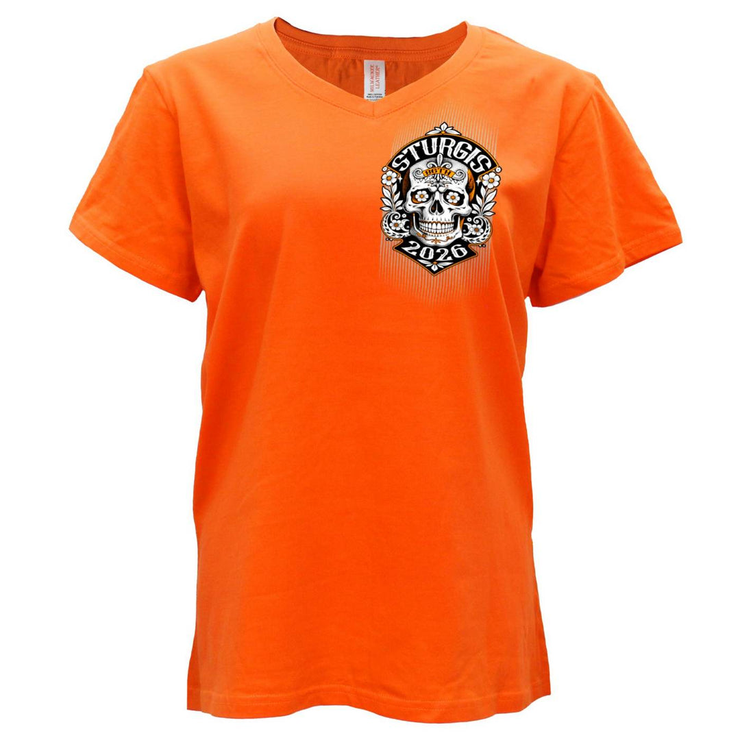2026 Ladies Sturgis Motorcycle Rally Sugar Skull Orange Short Sleeve V-Neck T-Shirt - SPL1950