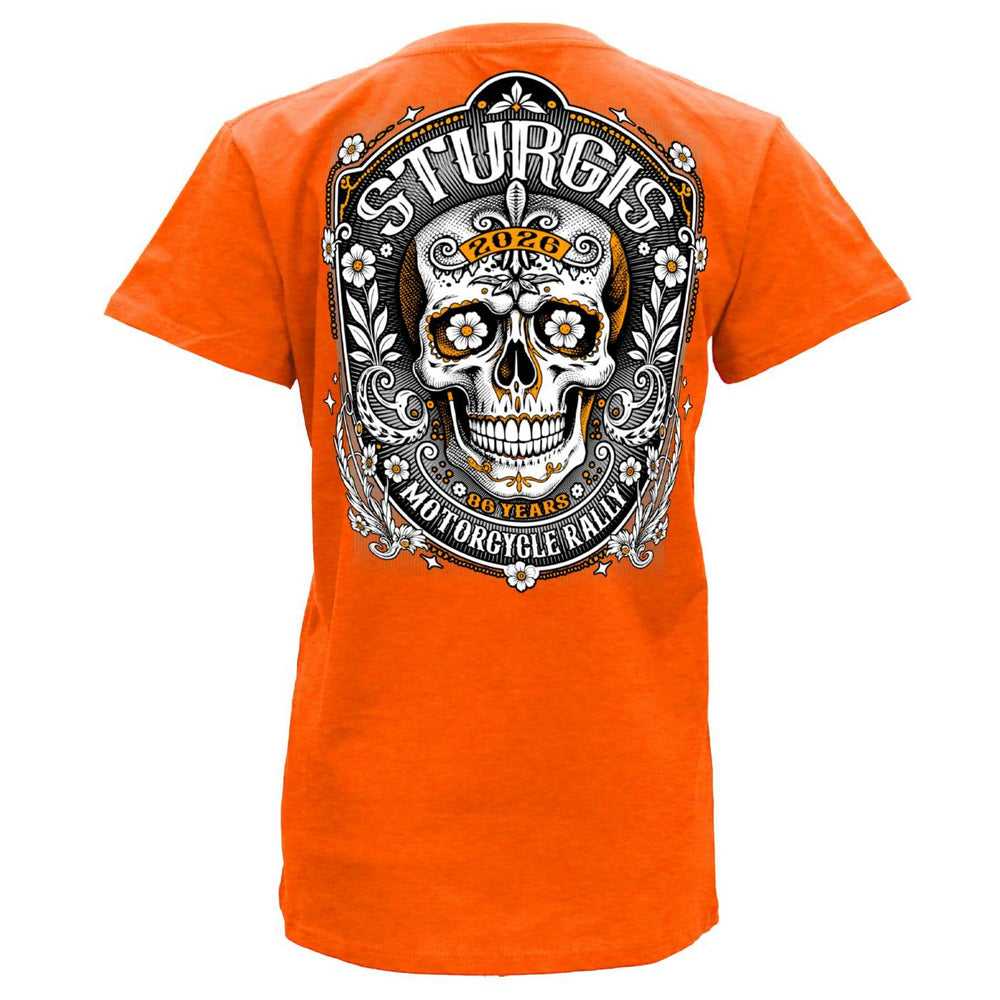 2026 Ladies Sturgis Motorcycle Rally Sugar Skull Orange Short Sleeve V-Neck T-Shirt - SPL1950