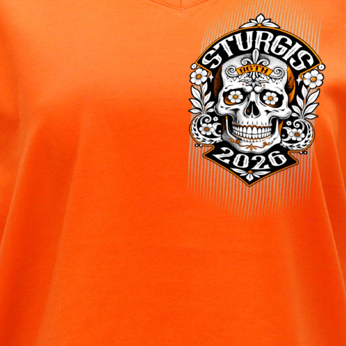 2026 Ladies Sturgis Motorcycle Rally Sugar Skull Orange Short Sleeve V-Neck T-Shirt - SPL1950