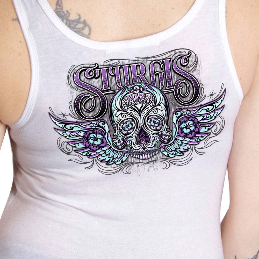 Hot Leathers SPL2861 Women's White 2023 Sturgis Antique Sugar Skull Tank Top Shirt