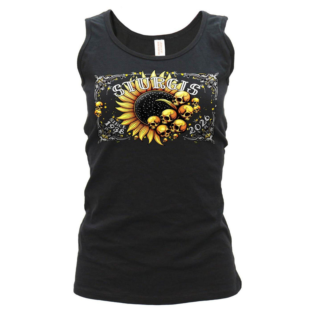 2026 Ladies Sturgis Motorcycle Rally Cosmic Sunflower Black Tank Top - SPL2900