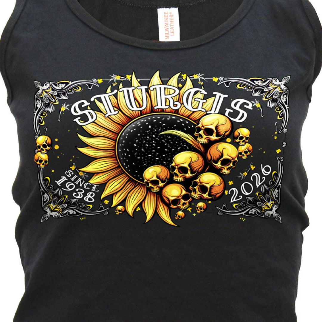 2026 Ladies Sturgis Motorcycle Rally Cosmic Sunflower Black Tank Top - SPL2900