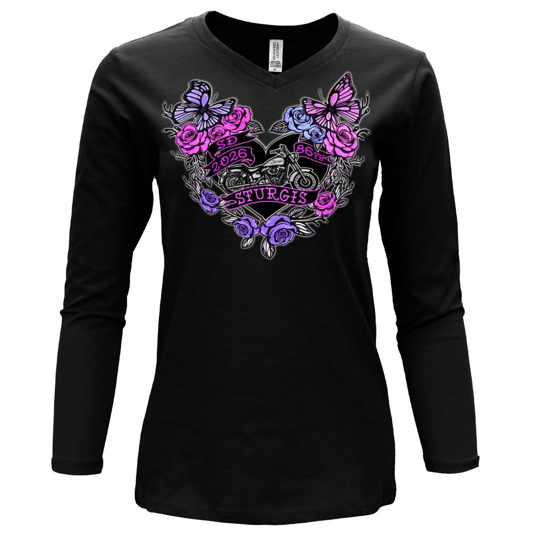 2026 Ladies Sturgis Motorcycle Rally Butterflies and Roses Black Long Sleeve Shirt - SPL3897