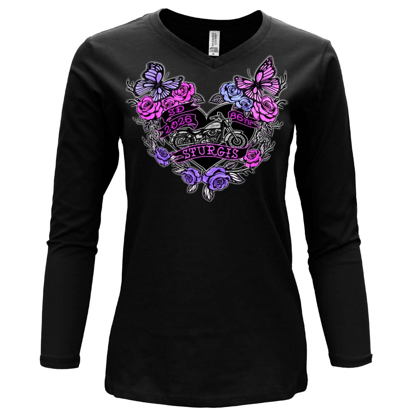 2026 Ladies Sturgis Motorcycle Rally Butterflies and Roses Black Long Sleeve Shirt - SPL3897
