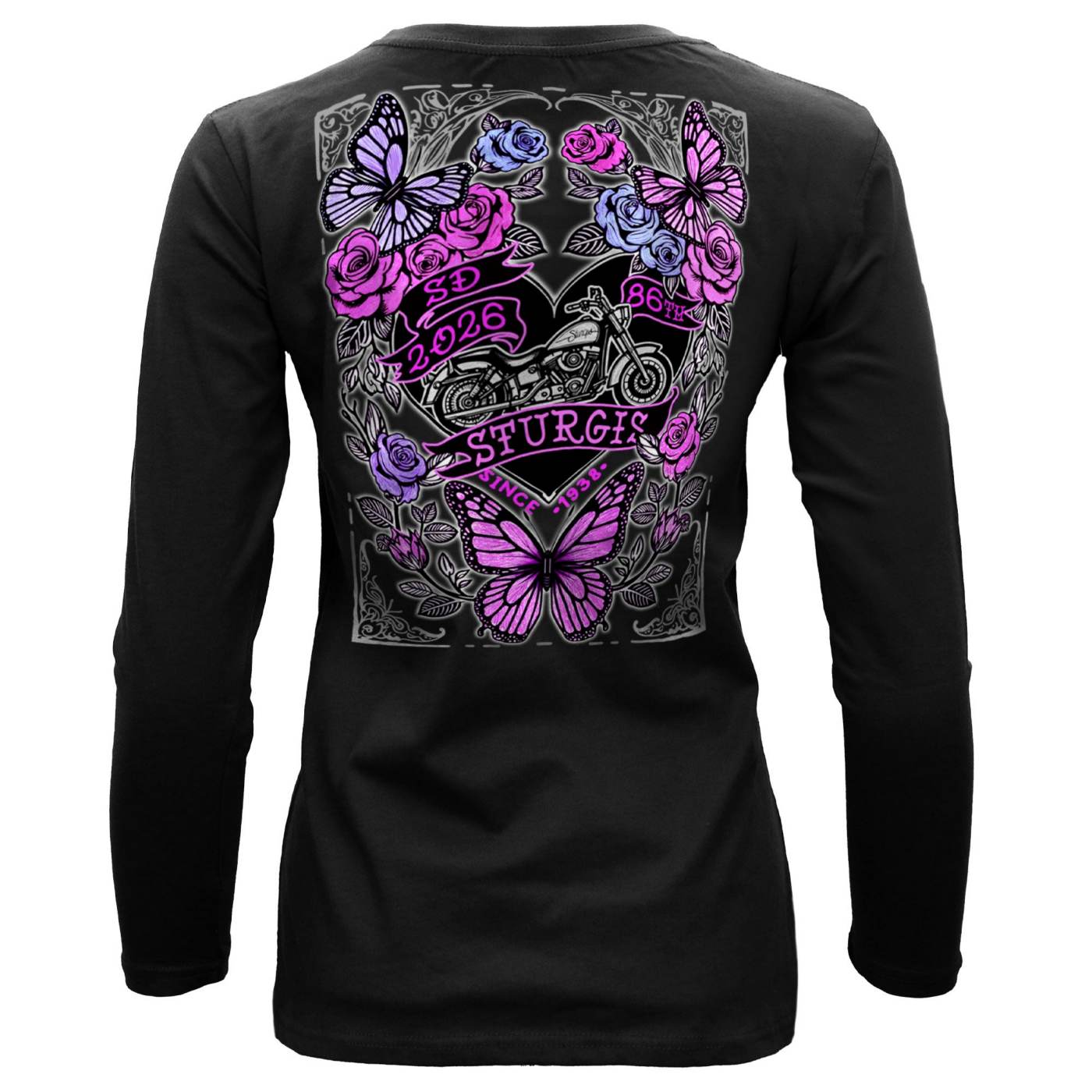 2026 Ladies Sturgis Motorcycle Rally Butterflies and Roses Black Long Sleeve Shirt - SPL3897