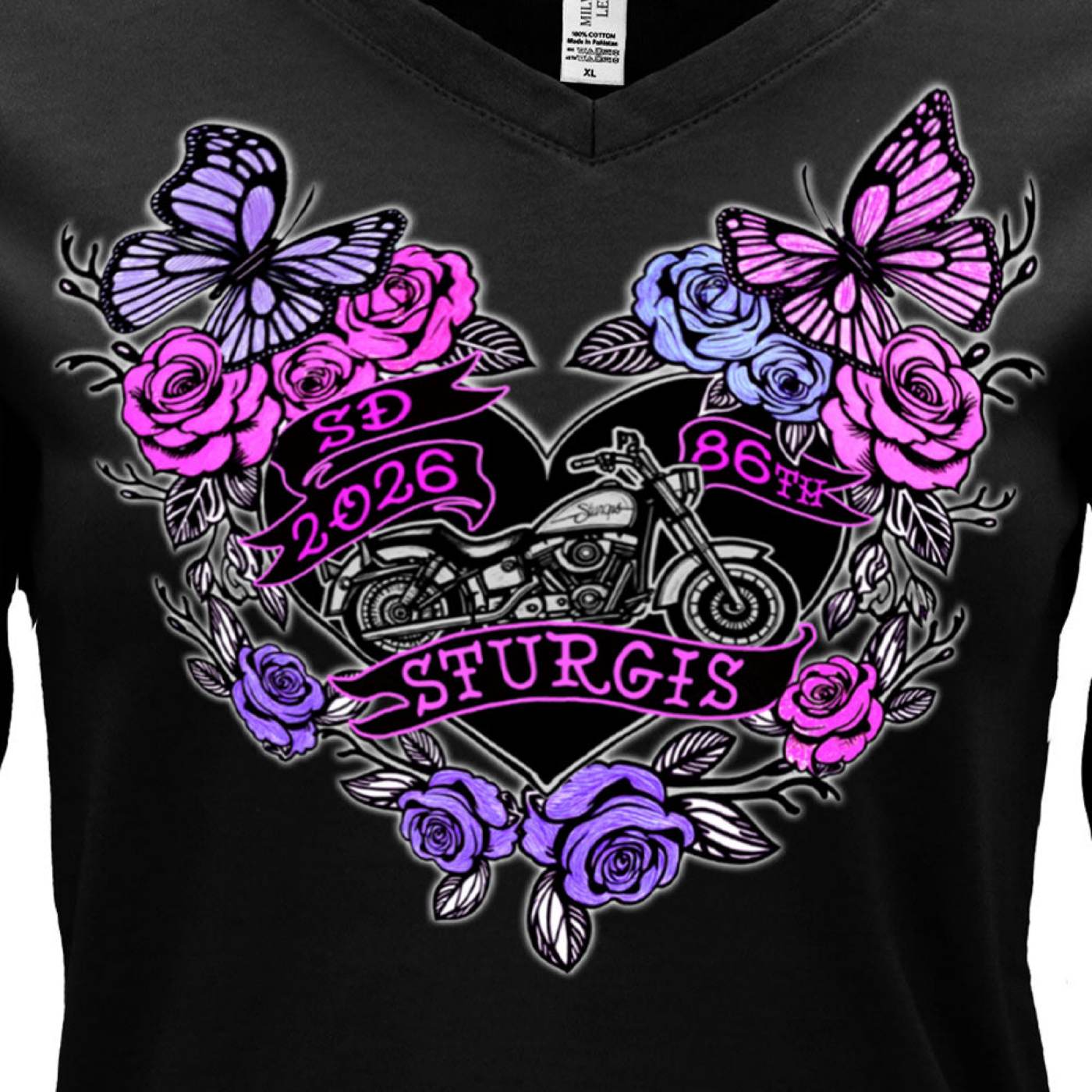 2026 Ladies Sturgis Motorcycle Rally Butterflies and Roses Black Long Sleeve Shirt - SPL3897