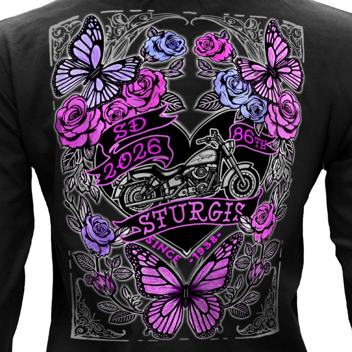 2026 Ladies Sturgis Motorcycle Rally Butterflies and Roses Black Long Sleeve Shirt - SPL3897