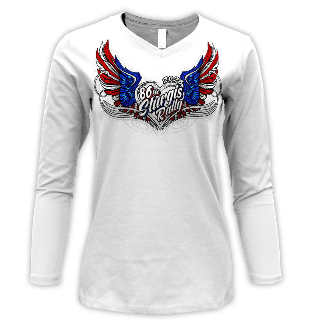 2026 Ladies Sturgis Motorcycle Rally Flag Heart Angel White Long Sleeve Shirt - SPL3900